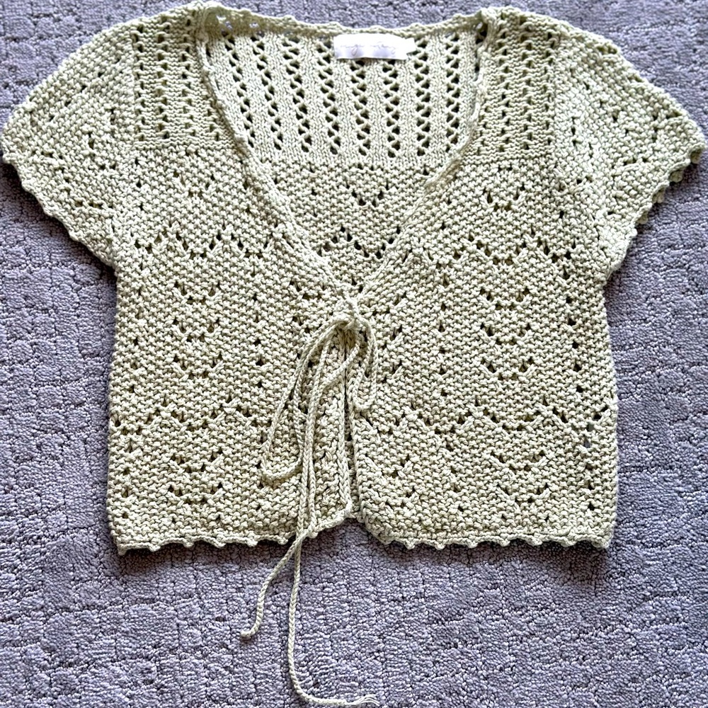 Crocheted Crop Top Tie Front - Sage Green, S